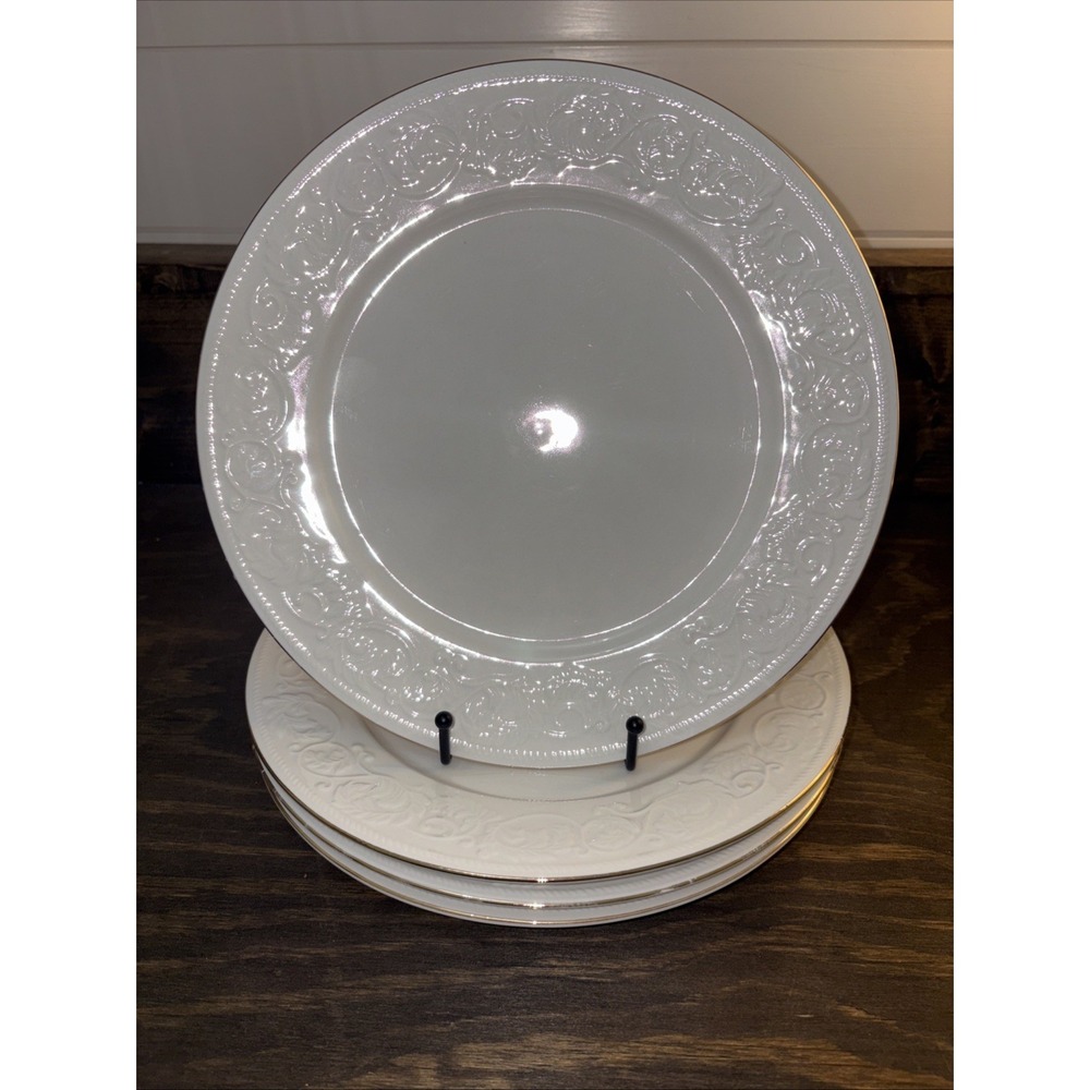 4-Farberware Calais 4173 Dinner Plate 10.5" Scroll White w/ Gold Trim
